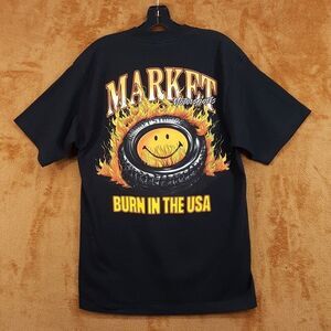 MARKET STUDIO Shirt Mens Small Black Pullover Crew Smiley Burnt Rubber T-Shirt
